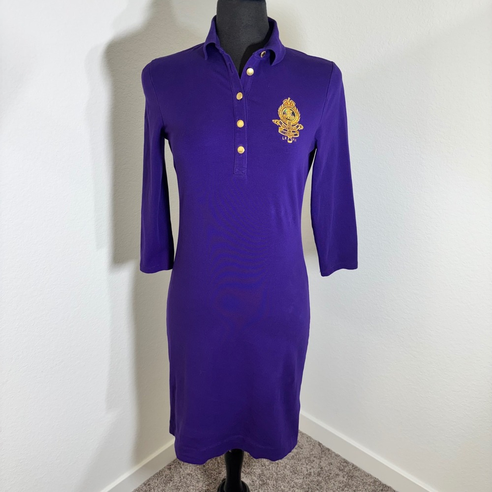 Lauren Ralph Lauren Purple Crest Polo Dress Gold Buttons 3/4 Sleeve Small